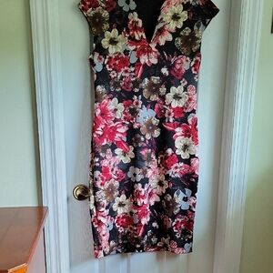 Connected Apparel Floral Midi Dress - Black and Red